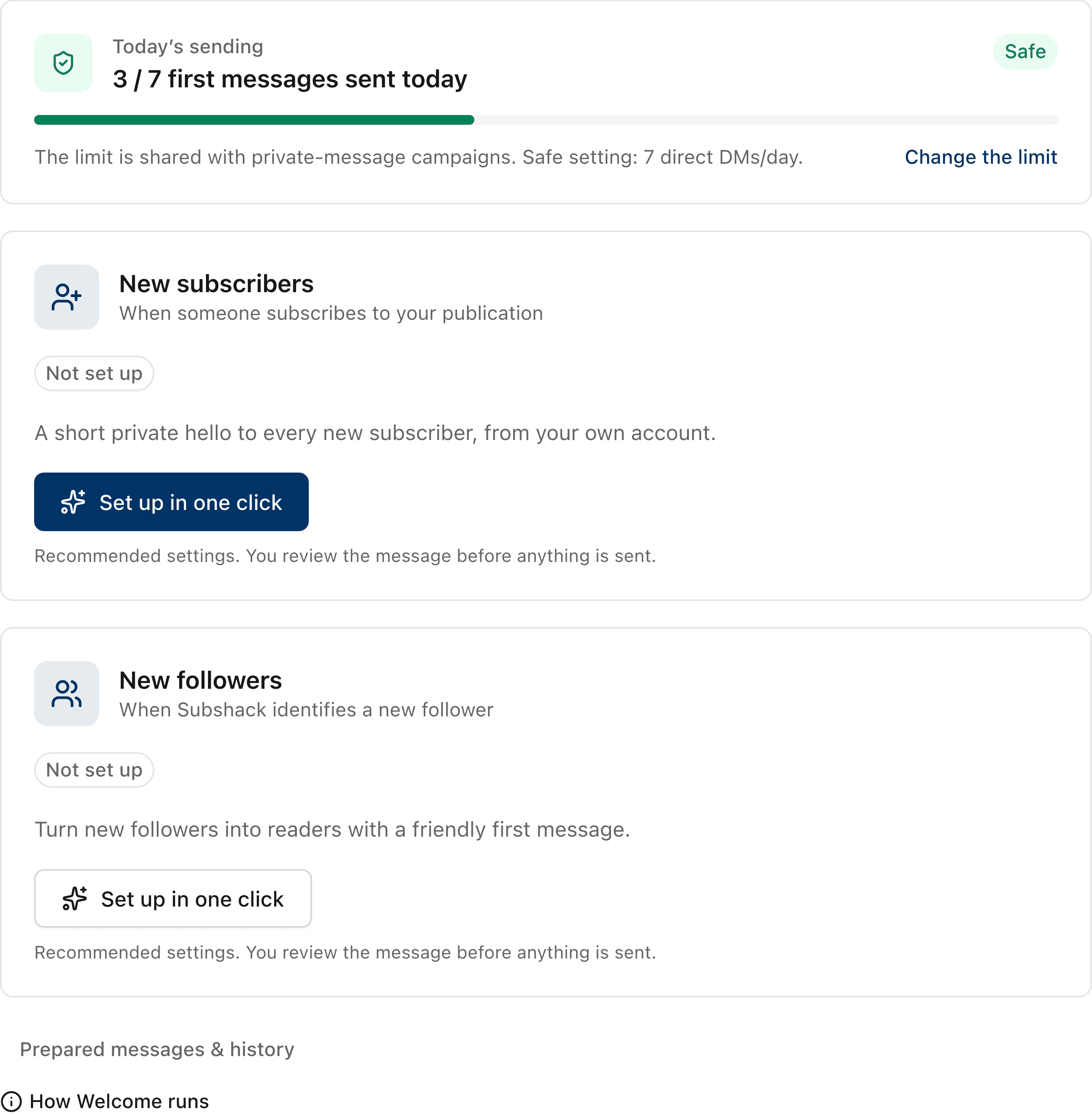 Subshack Automate: today’s sending limit, then the one-click welcome for new subscribers