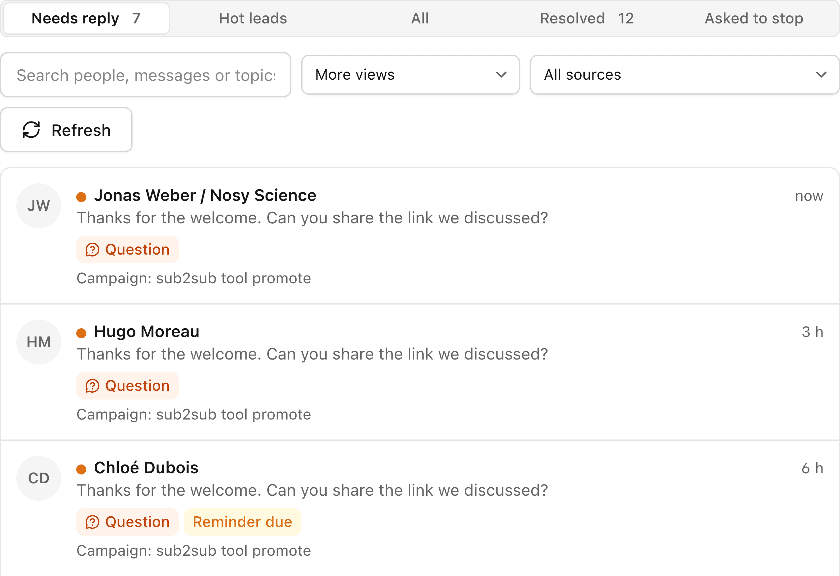 Subshack Conversations: seven replies that need an answer, sorted from private messages