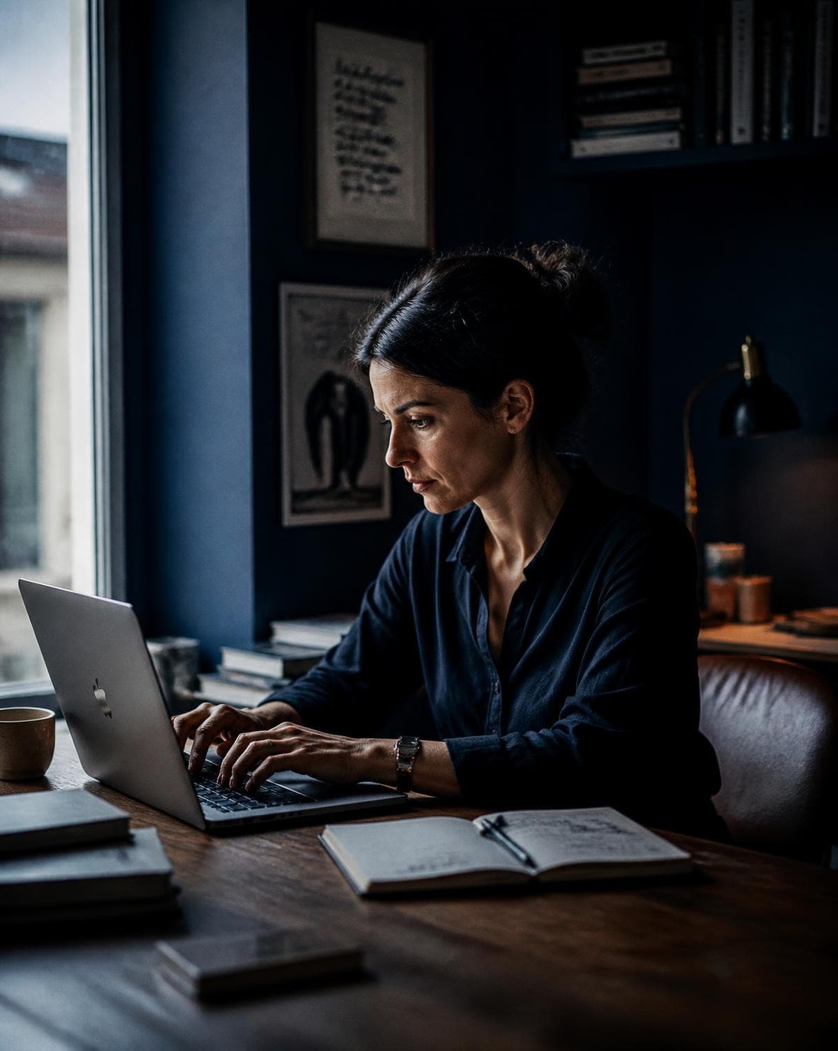 A writer working on a laptop at a desk in evening light